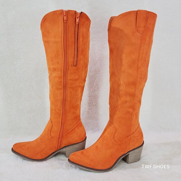 Wild Ones Orange Faux Suede Country Western Cowgirl Knee Boots - Picture 12 of 15